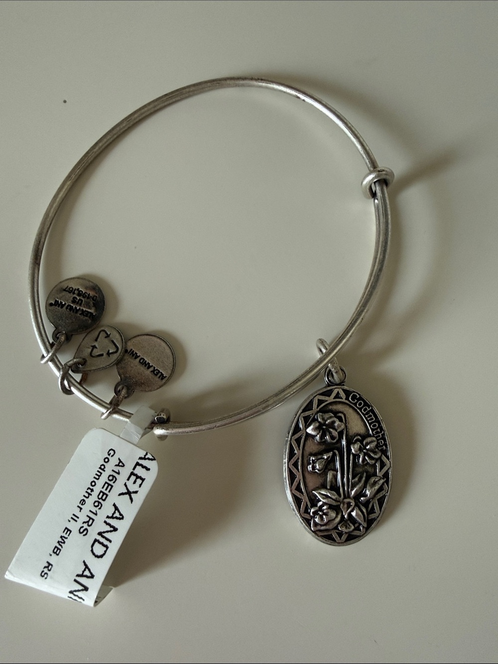 Alex and Ani Silver Godmother Oval Floral Charm Bangle